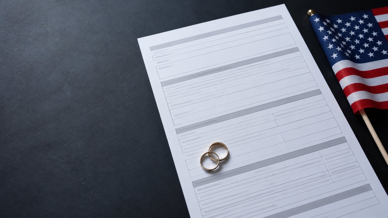 Anillos de boda sobre un formulario de inmigración junto a una bandera de Estados Unidos, en referencia al fraude de matrimonios falsos por la green card