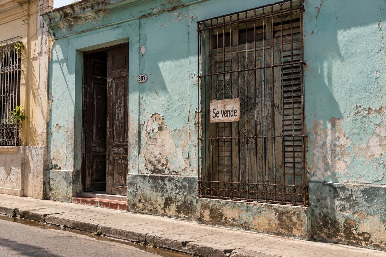 Fachada de una casa particular en La Habana con cartel de 'se vende' colgado en la reja