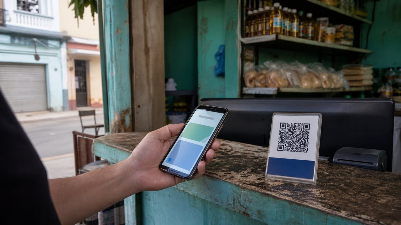 Negocio privado cubano con cartel de pago por transferencia, sobre la obligación legal de aceptar pagos electrónicos en Cuba