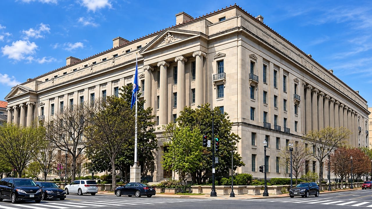 Fachada del edificio del Departamento de Justicia de Estados Unidos, sede de la ofensiva de desnaturalización contra naturalizados en 2026