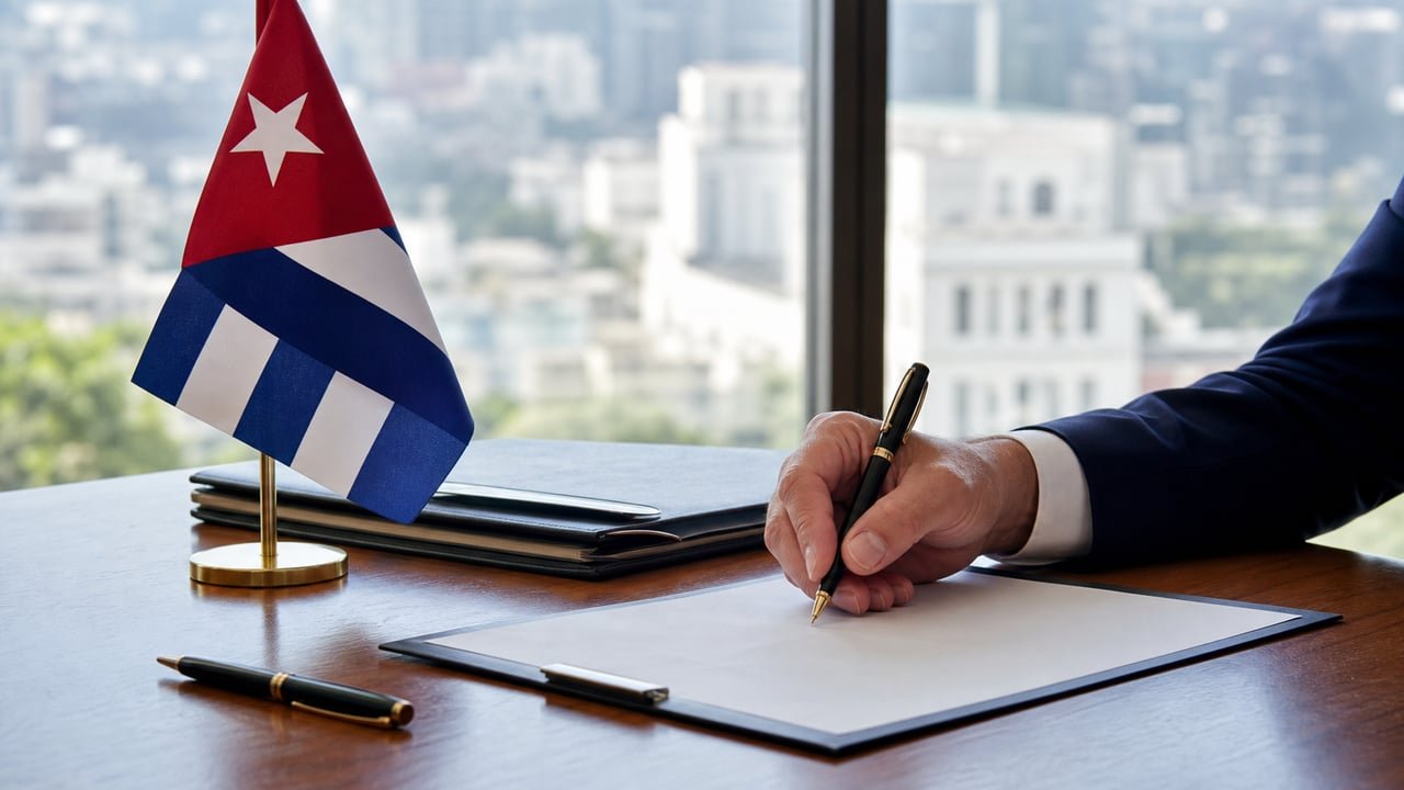 Firma de un contrato de inversión extranjera junto a una bandera cubana en una oficina, en referencia a los cambios en la Ley 118 para cubanos en el exterior