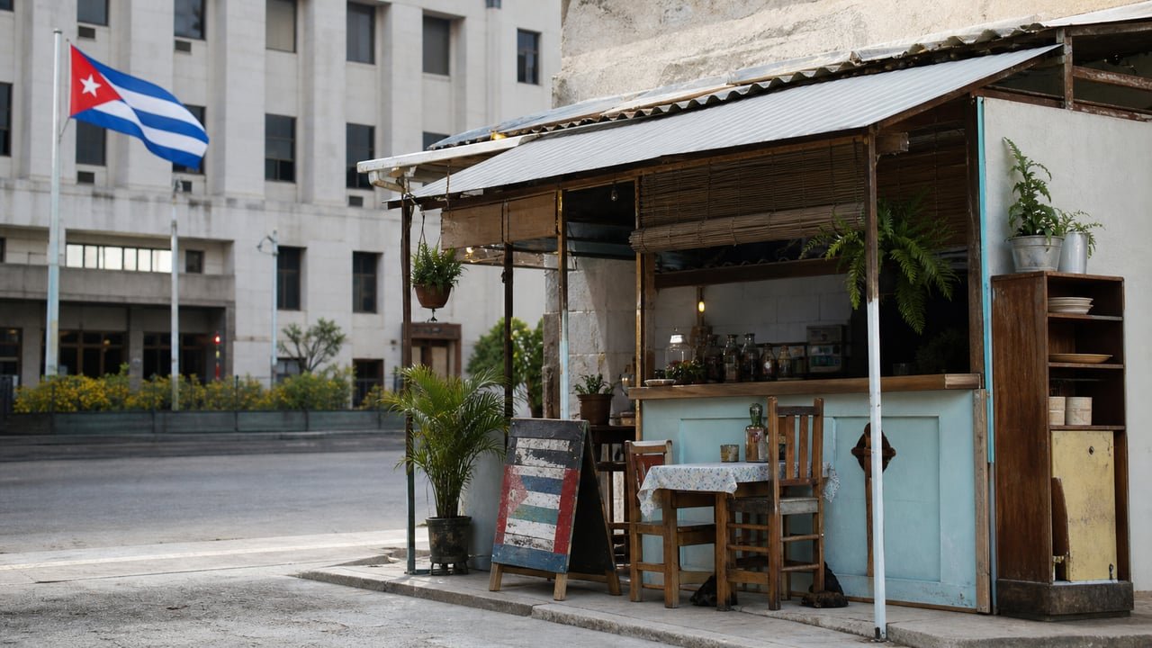 Negocio privado cubano junto a un edificio del Estado, símbolo del nuevo Decreto 160/2026 en Cuba