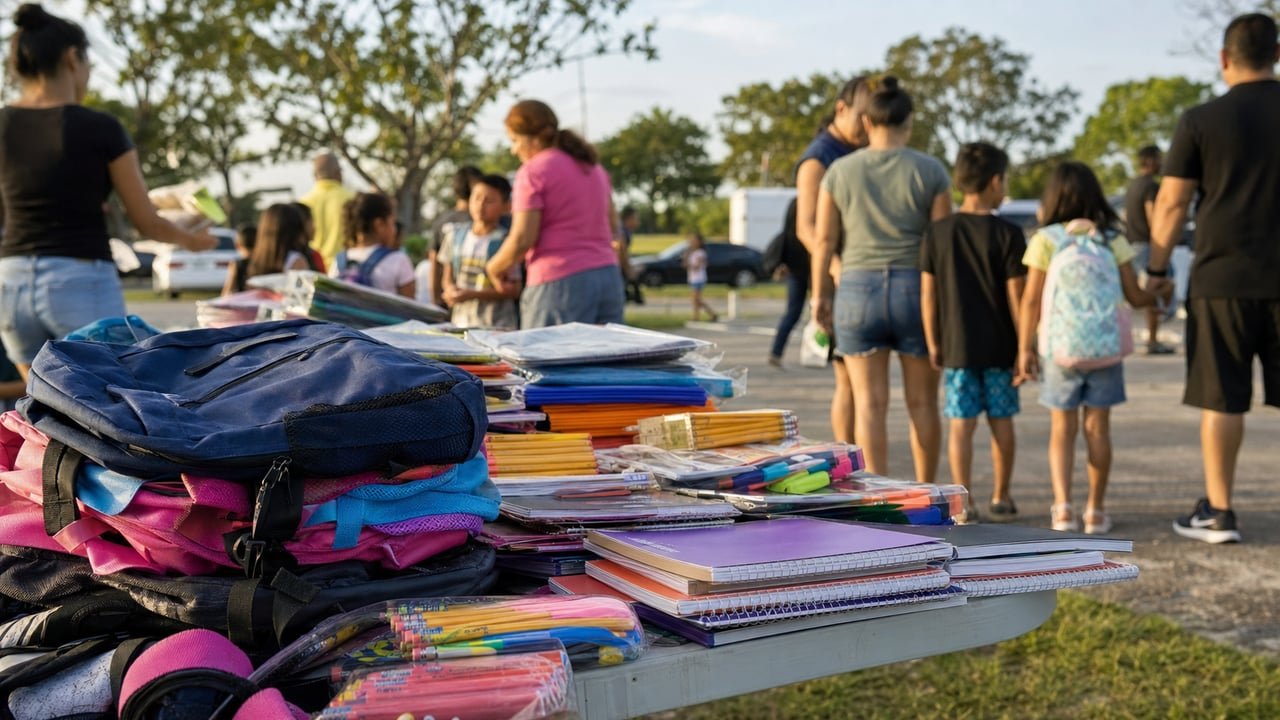 Familias reciben mochilas y útiles escolares gratis en un evento comunitario de regreso a clases en el sur de Florida