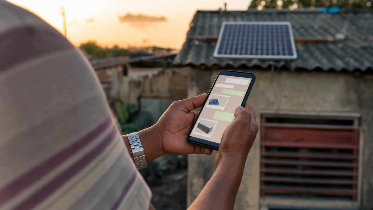 Persona con un telefono mostrando un chat de WhatsApp de venta de paneles solares en Cuba, simbolo de las estafas con kits solares