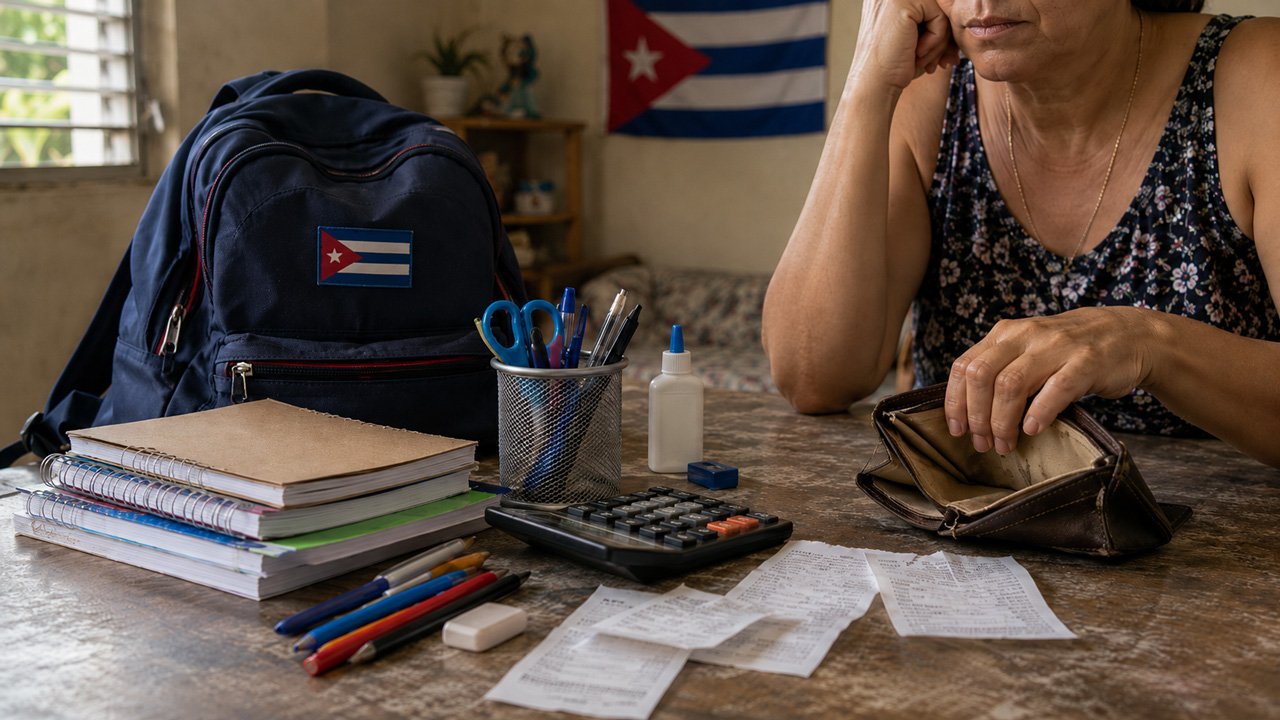 Uniforme escolar cubano, mochila y desayuno sencillo sobre una mesa, símbolo del gasto familiar para mandar a un niño a la escuela en Cuba