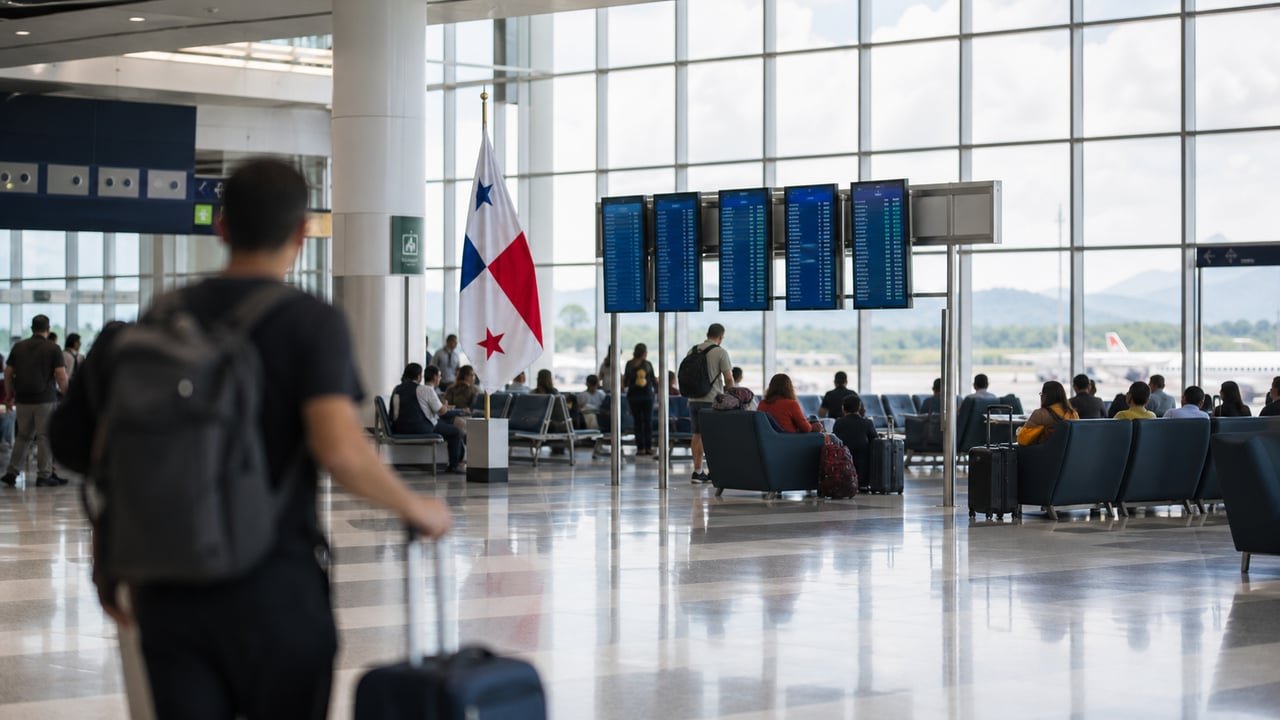 Sala de tránsito de un aeropuerto con pasajeros cubanos esperando conexión, ilustrando la visa de tránsito de Panamá