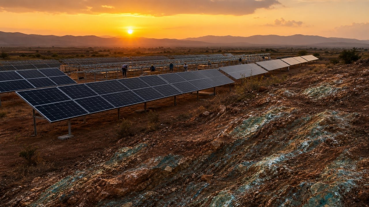 Paneles solares industriales en un paisaje cubano, en referencia a la investigación de la Udyco que vincula a Zapatero con negocios de níquel y cobalto con el régimen cubano
