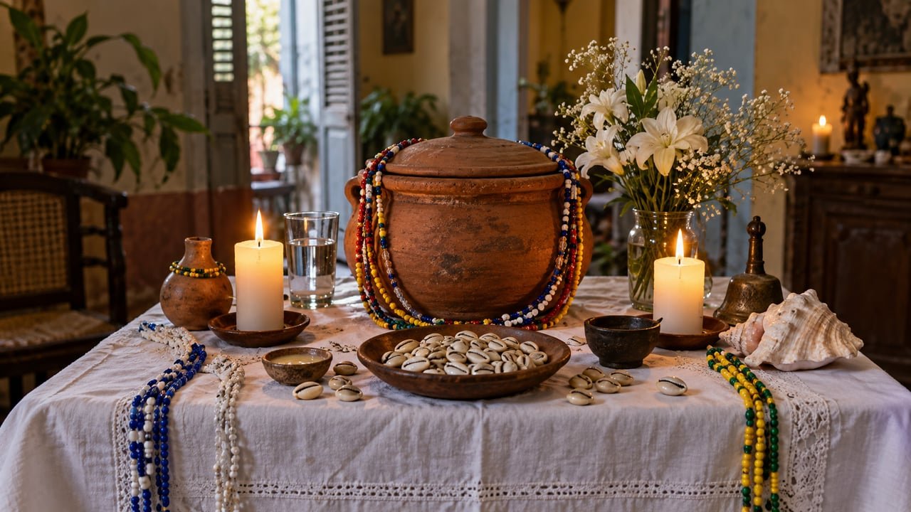 Altar doméstico de santería cubana con elekes, caracoles y una sopera de la Regla de Ocha