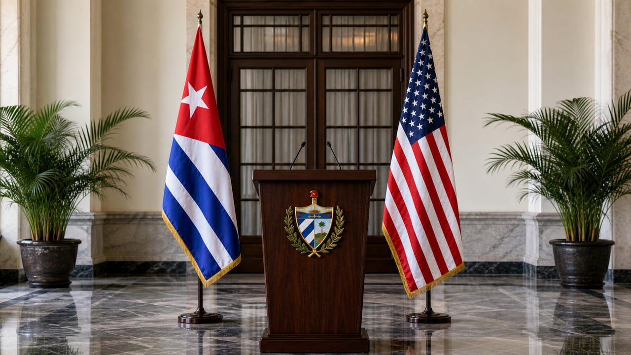Atril con banderas de Cuba y Estados Unidos en una sala de conferencias, en referencia a las conversaciones diplomáticas entre ambos países