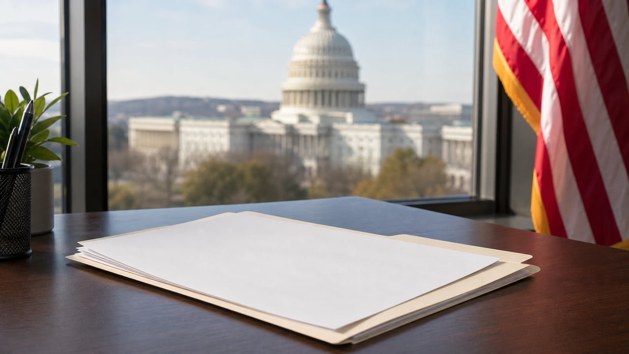 Documentos de solicitud para las pasantías de María Elvira Salazar con el Capitolio de Washington de fondo