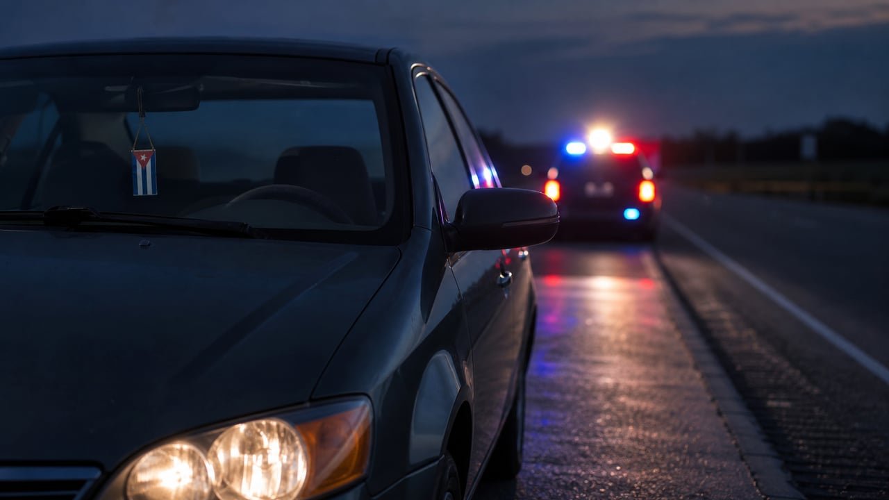 Auto detenido en una carretera de Estados Unidos durante un control vehicular de ICE, con un distintivo de la bandera cubana en el retrovisor, ilustrando el riesgo para los cubanos indocumentados
