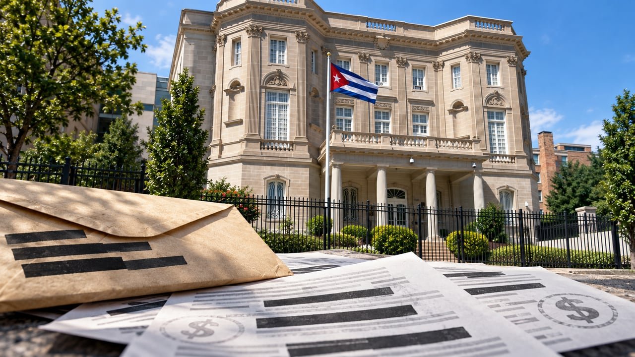 Fachada de la Embajada de Cuba en Washington con bandera cubana, ilustrando la filtración de correos diplomáticos