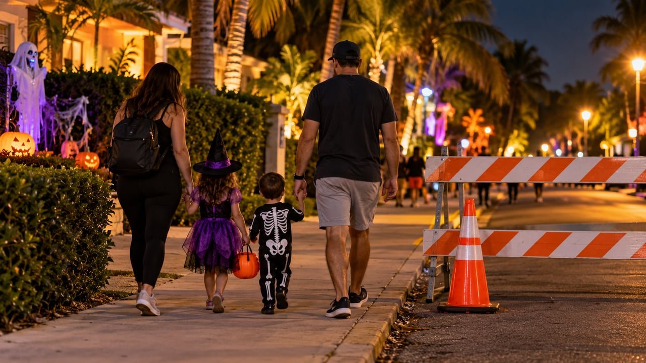 Familia con niños disfrazados camina junto a un cierre de tráfico por Halloween en el sur de Florida
