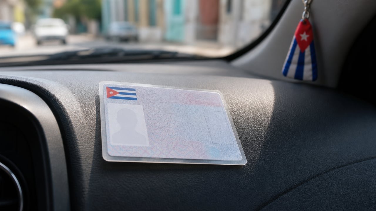 Licencia de conducción cubana junto al volante de un auto, tras la prórroga de vigencia anunciada por el MININT en Cuba