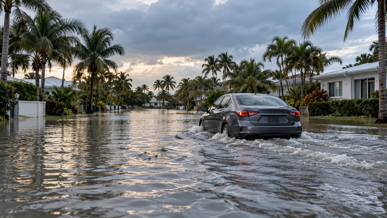 Calle inundada por una marea del rey en el sur de Florida con un auto circulando entre el agua