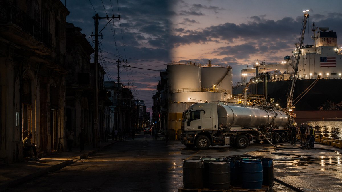 Camión cisterna descargando combustible importado de EEUU en un negocio privado cubano, con banderas de Cuba y Estados Unidos