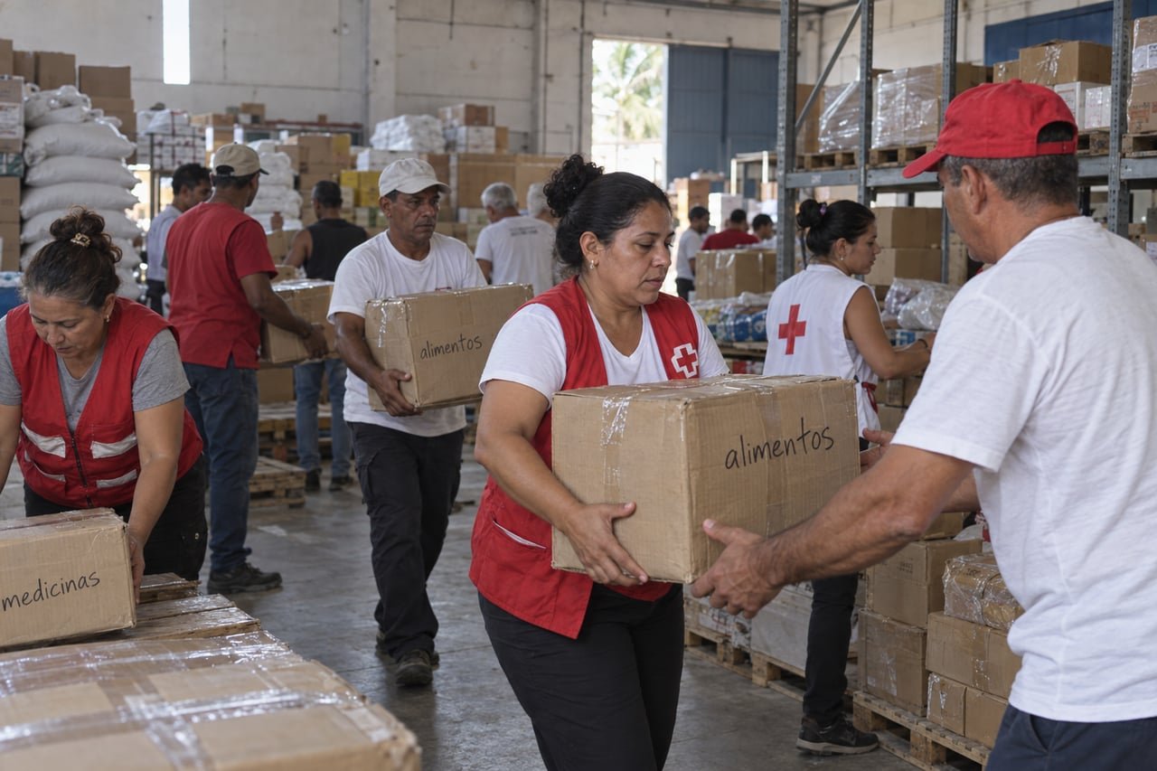 Voluntarios clasificando cajas de ayuda humanitaria en un centro de acopio para damnificados por huracán en Cuba