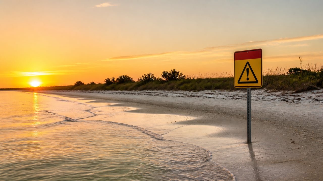 Cartel de advertencia sanitaria en una playa de Florida por el brote de la bacteria come carne Vibrio vulnificus