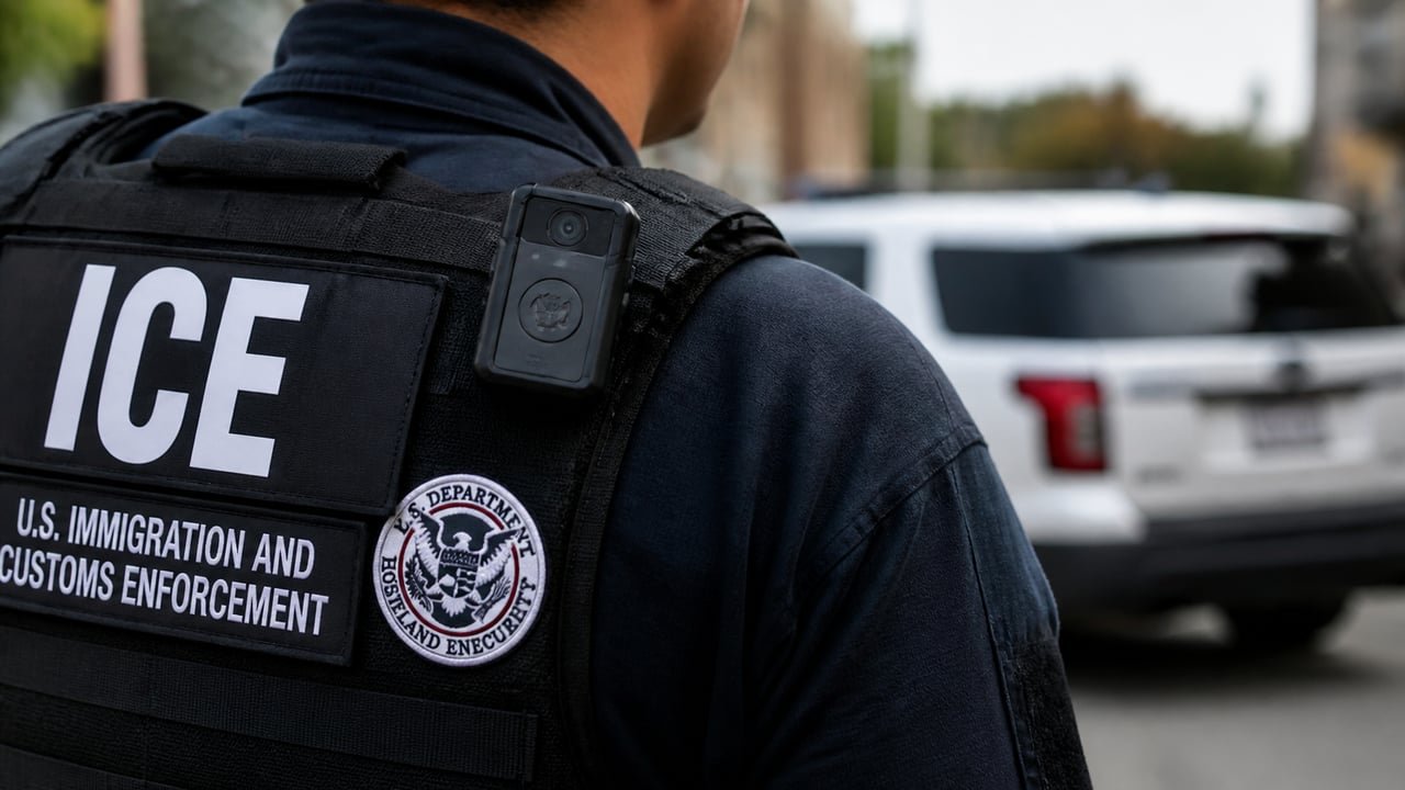 Cámara corporal de ICE sujeta al chaleco de un agente durante un operativo de detención migratoria en Estados Unidos