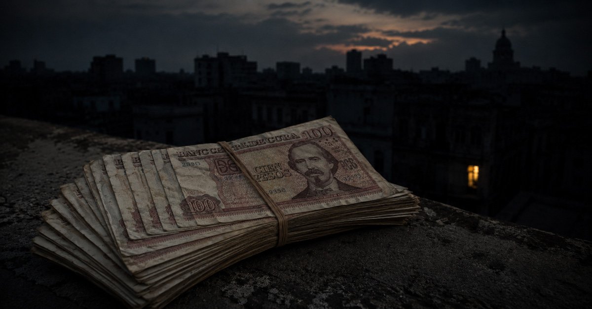 Fajo de billetes de 100 pesos cubanos envejecidos sobre una azotea al anochecer Fajo de billetes de 100 pesos cubanos envejecidos sobre una azotea al anochecer