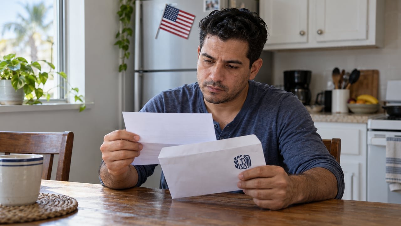 Trabajador cubano en Estados Unidos lee una carta CP321J del IRS sobre el Saver's Match para el retiro