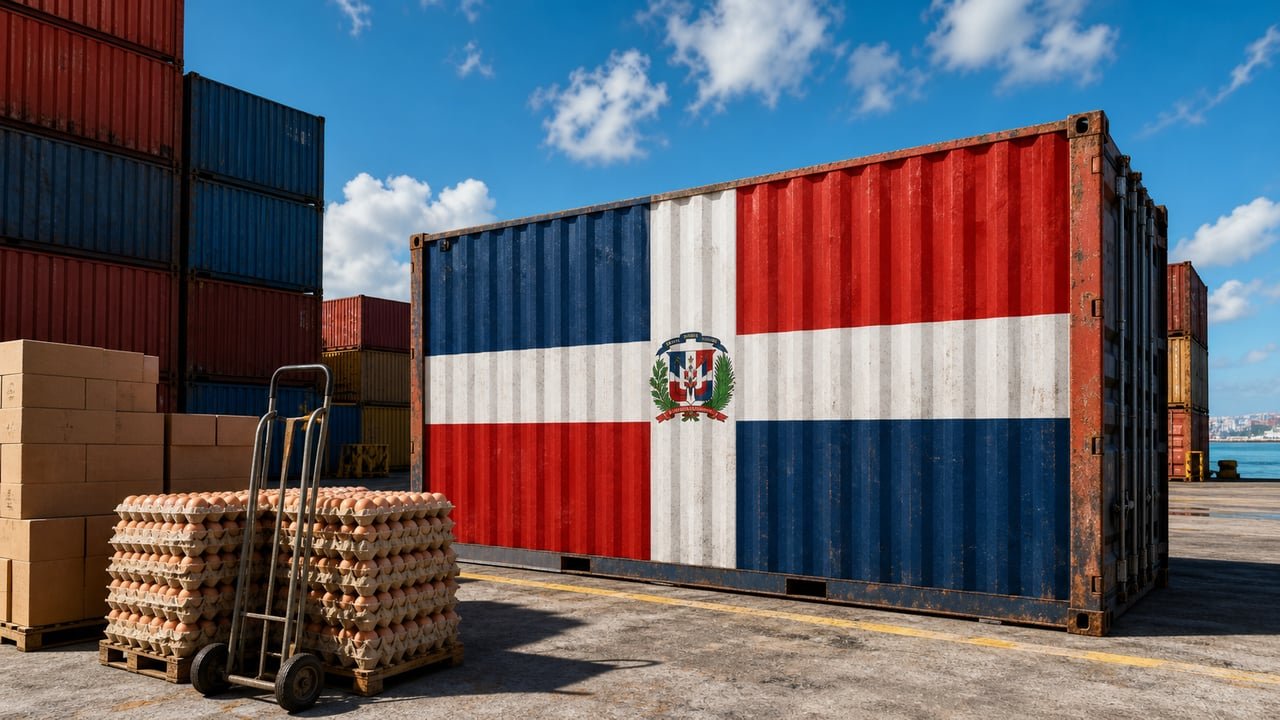 Contenedores con la bandera de República Dominicana y cajas de huevos en un puerto, ilustrando el envío de huevos a Cuba