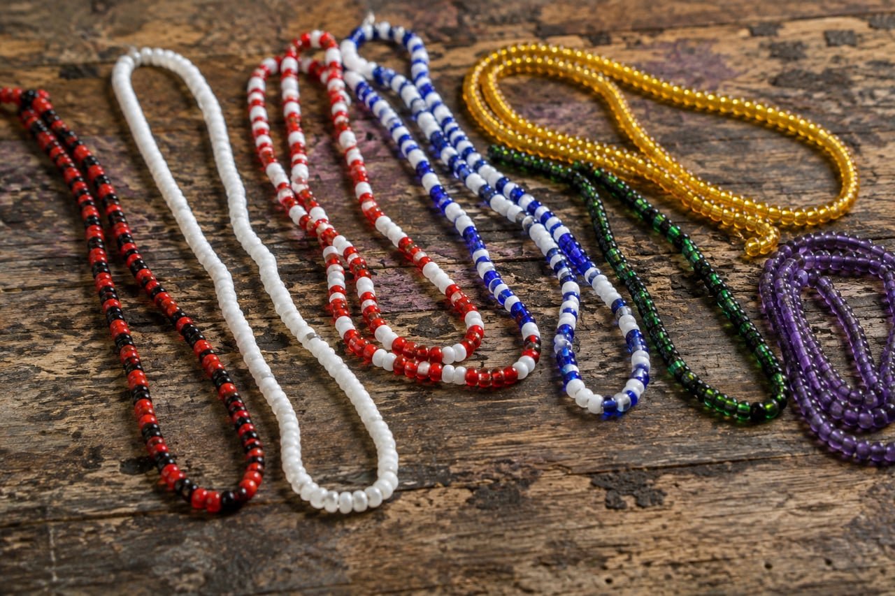 Collares de cuentas (elekes) de la santería cubana de varios colores sobre madera envejecida